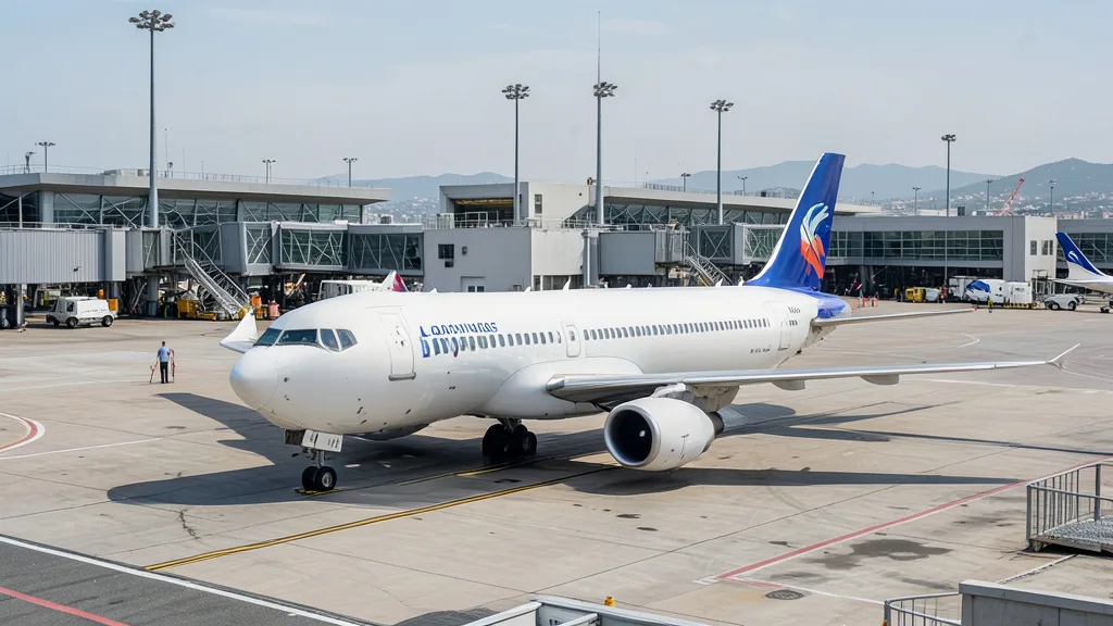 Imagem gerada por IA: Avião comercial estacionado no aeroporto de Lisboa, com o terminal ao fundo.