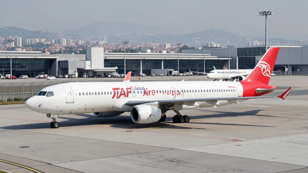 Imagem gerada por IA: Aviões de passageiros estacionados em um aeroporto, com Lisboa ao fundo.