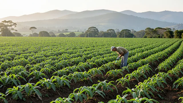 Imagem gerada por IA: Agricultor observa uma lavoura verde no Rio Grande do Sul.