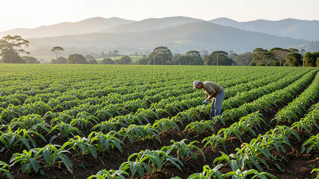 Imagem gerada por IA: Agricultor observa uma lavoura verde no Rio Grande do Sul.