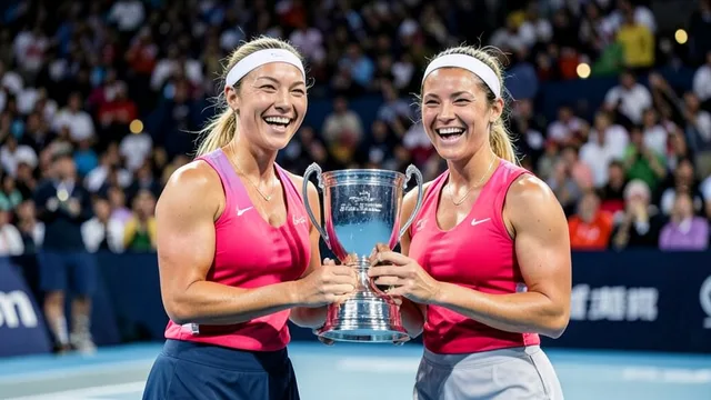 Imagem gerada por IA: Duas tenistas comemoram juntas a conquista de um torneio em uma quadra de tênis.