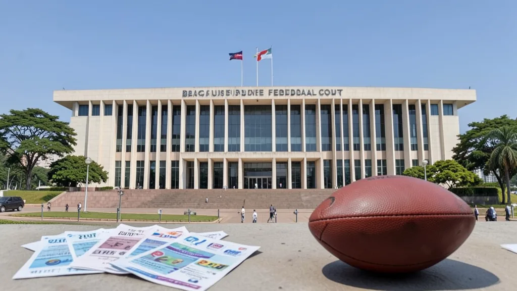 Imagem gerada por IA: Prédio do Supremo Tribunal Federal em Brasília, com uma bola de futebol e bilhetes de apostas em primeiro plano.