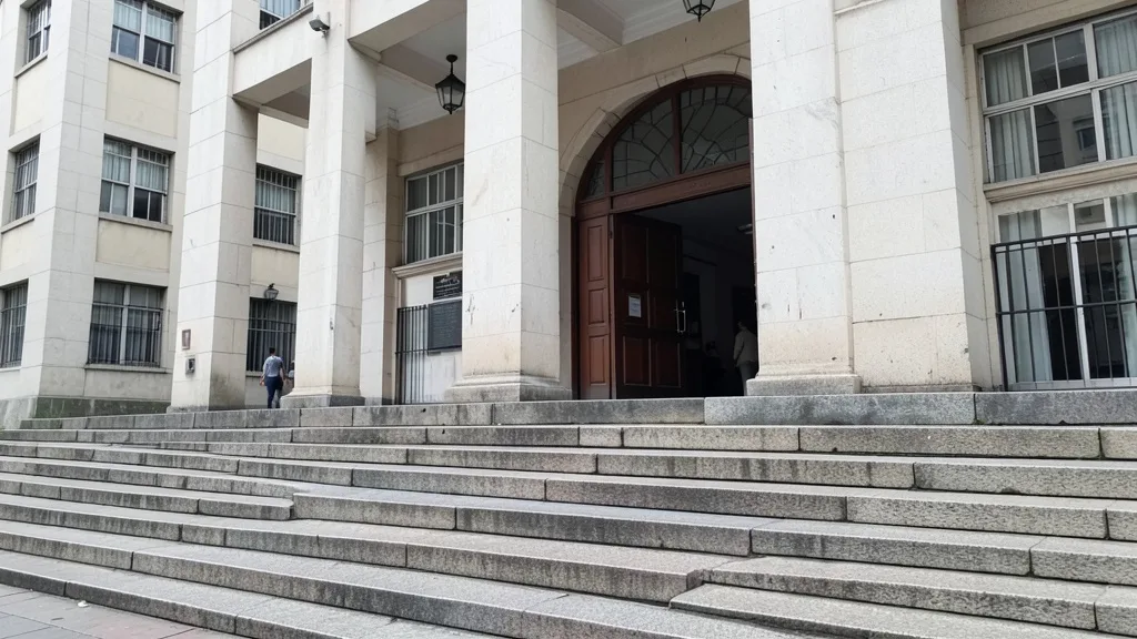 Fachada de um prédio da Justiça em São Paulo, com pessoas caminhando ao fundo.