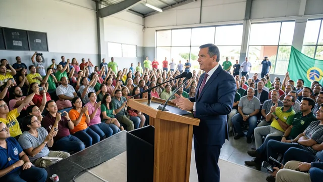 Imagem gerada por IA: Político discursa em um ato de campanha diante de uma plateia.