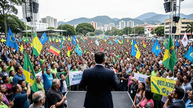 Imagem gerada por IA: Público acompanha ato de campanha em Belo Horizonte.