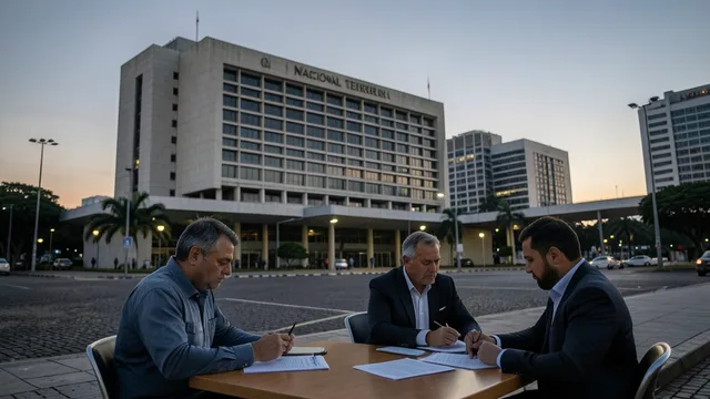 Imagem gerada por IA: Investidores analisam documentos diante de edifícios da área financeira em Brasília.