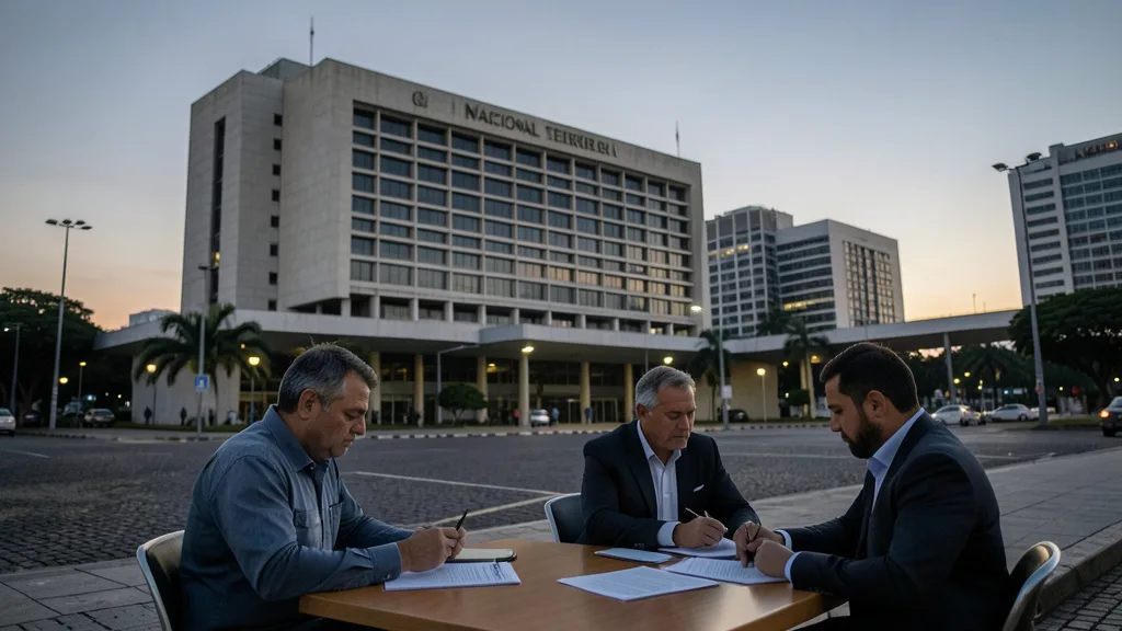 Imagem gerada por IA: Investidores analisam documentos diante de edifícios da área financeira em Brasília.