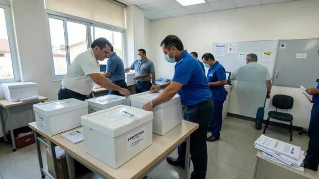 Imagem gerada por IA: Urnas eletrônicas e caixas eleitorais em uma seção de votação após o encerramento do pleito.