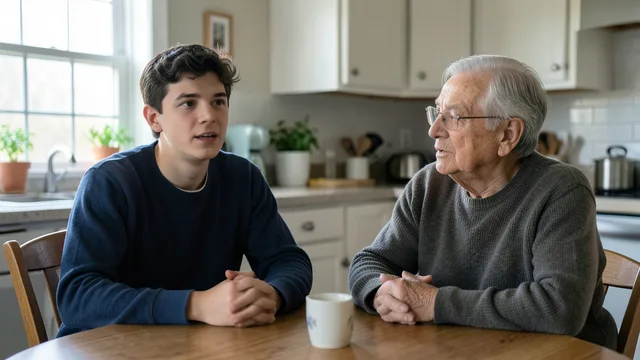 Imagem gerada por IA: Jovem conversa com uma pessoa idosa à mesa de casa.