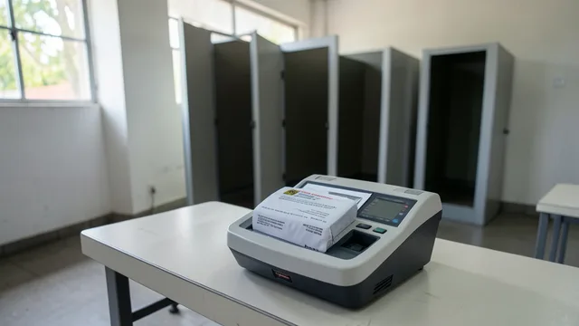Imagem gerada por IA: Urna eletrônica em uma seção eleitoral vazia após a votação.
