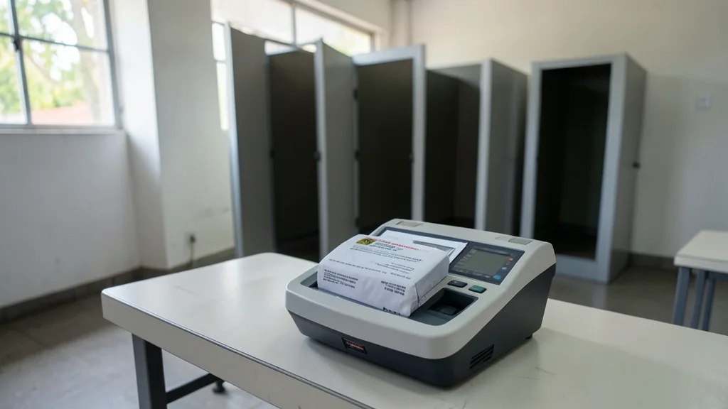 Imagem gerada por IA: Urna eletrônica em uma seção eleitoral vazia após a votação.