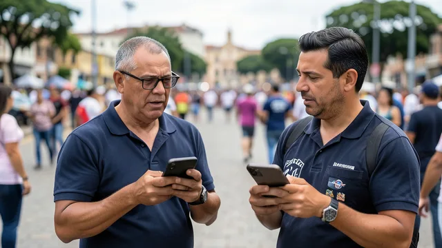 Imagem gerada por IA: Apoiadores de campanha consultam celulares em uma praça.