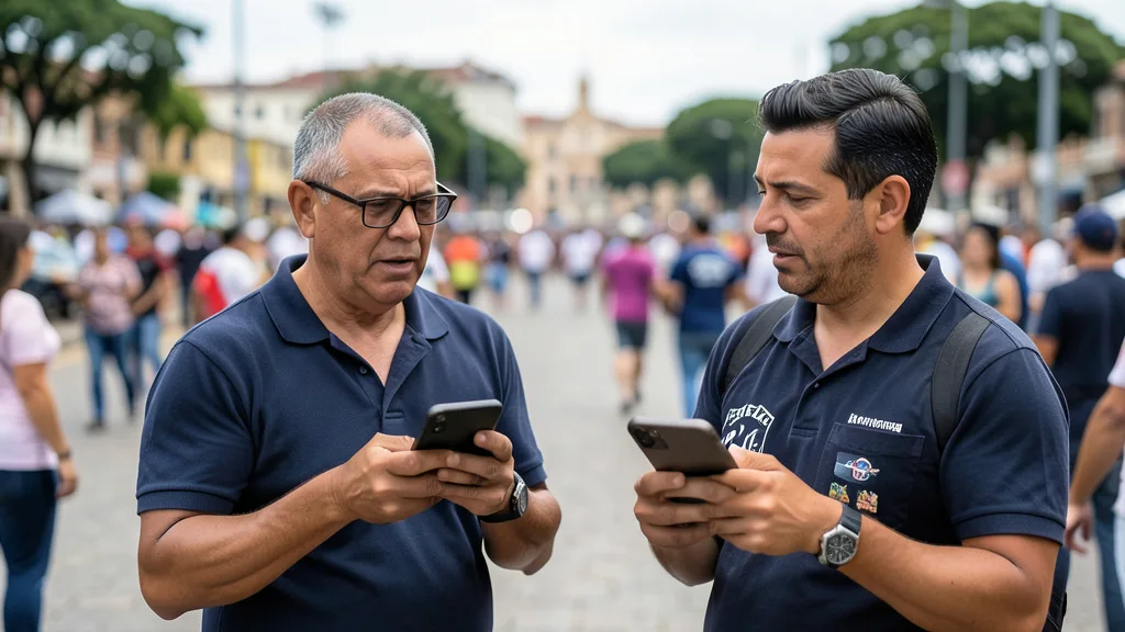 Imagem gerada por IA: Apoiadores de campanha consultam celulares em uma praça.