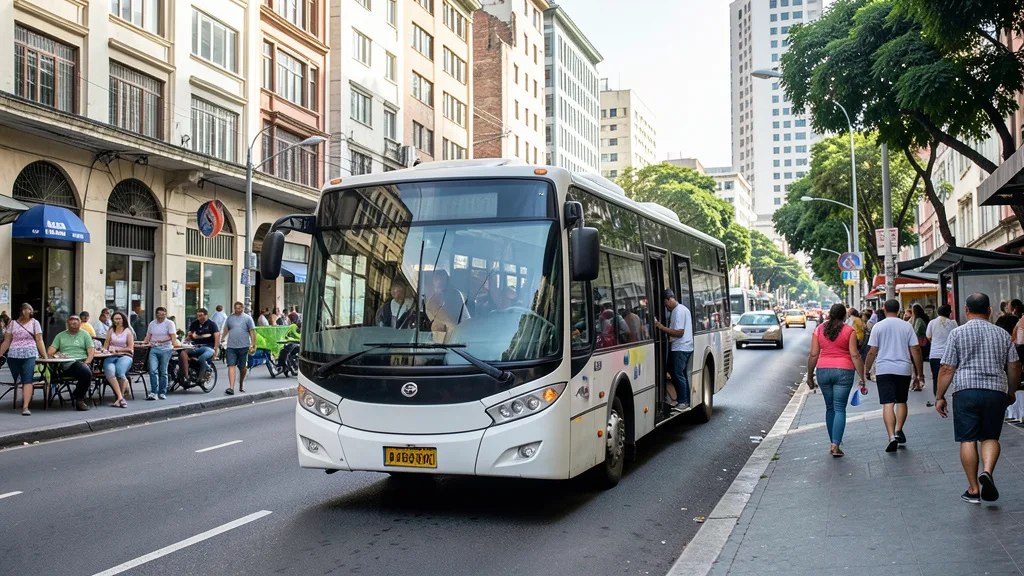 Imagem gerada por IA: Ônibus urbano circula por uma avenida movimentada durante o dia.