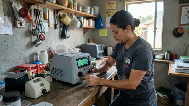 Imagem gerada por IA: Microempreendedor analisa equipamento em uma pequena loja.