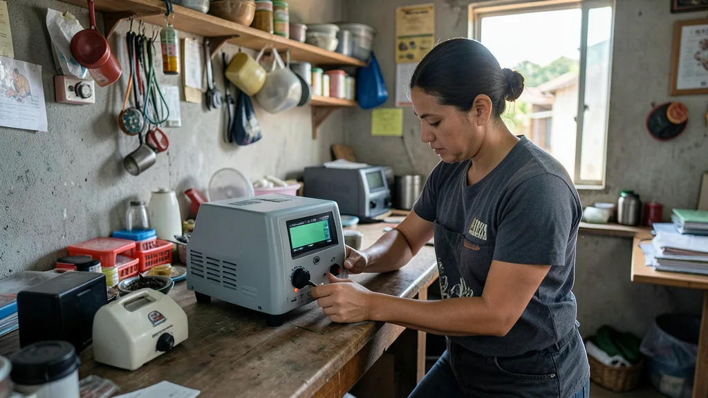 Imagem gerada por IA: Microempreendedor analisa equipamento em uma pequena loja.