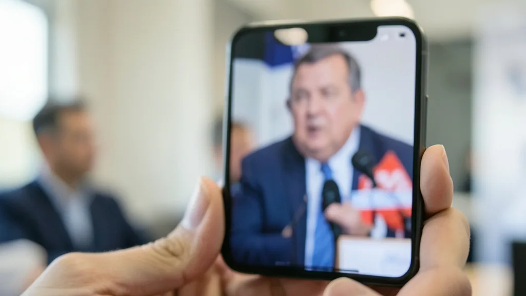 Imagem gerada por IA: Celular exibindo um vídeo desfocado de uma entrevista coletiva em ambiente hospitalar.
