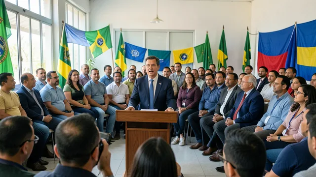 Candidato genérico discursa em um evento de campanha diante de apoiadores.