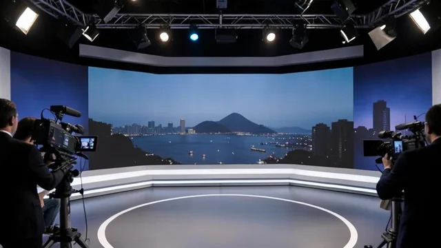 Imagem gerada por IA: Estúdio de televisão preparado para uma propaganda eleitoral sobre segurança pública no Rio de Janeiro.