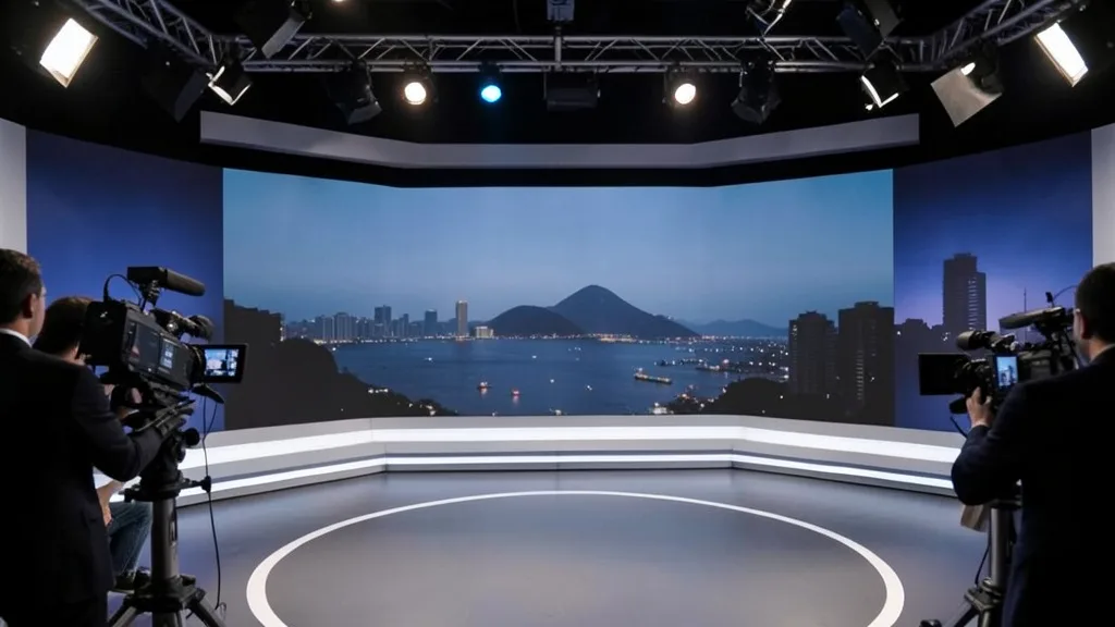 Imagem gerada por IA: Estúdio de televisão preparado para uma propaganda eleitoral sobre segurança pública no Rio de Janeiro.