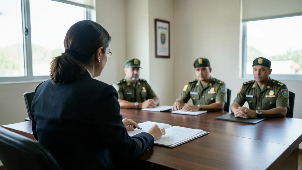 Imagem gerada por IA: Uma mulher civil analisa documentos em uma reunião com militares em um escritório governamental.