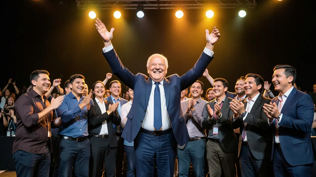 Imagem gerada por IA: Lula celebra a vitória em um palco ao lado de aliados políticos.