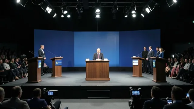 Palco vazio de debate eleitoral em estúdio de televisão, com púlpitos e luzes de transmissão.