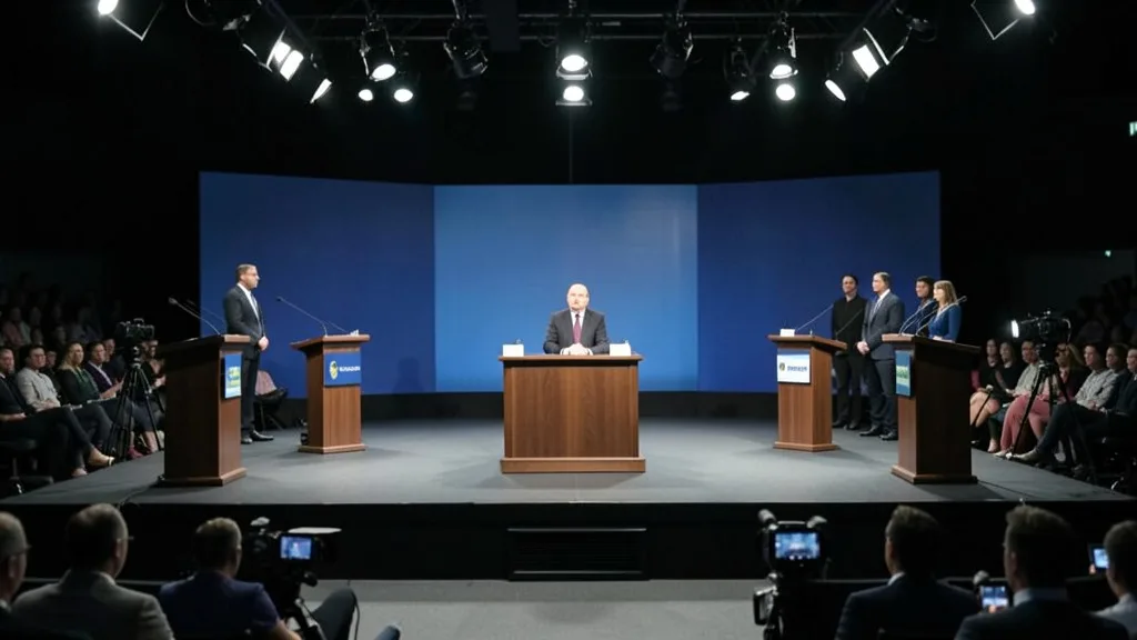 Palco vazio de debate eleitoral em estúdio de televisão, com púlpitos e luzes de transmissão.