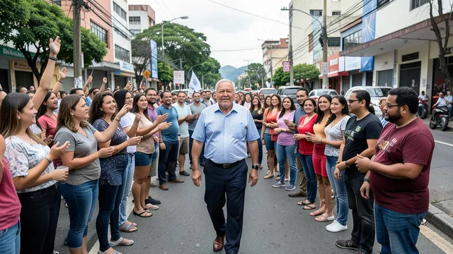 Imagem gerada por IA: Lula caminha entre apoiadores em um ato de campanha em uma rua de Belo Horizonte.