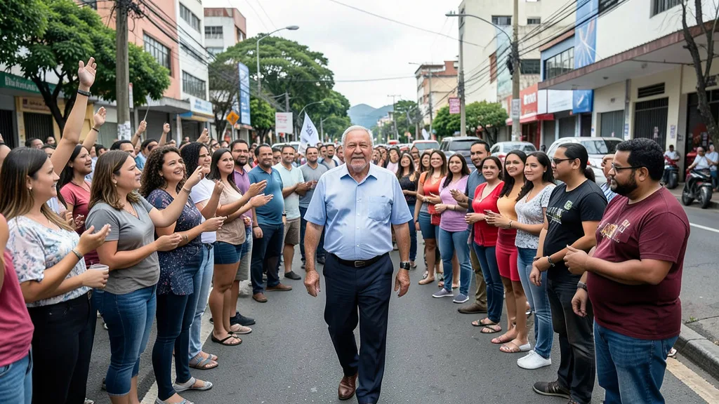 Imagem gerada por IA: Lula caminha entre apoiadores em um ato de campanha em uma rua de Belo Horizonte.