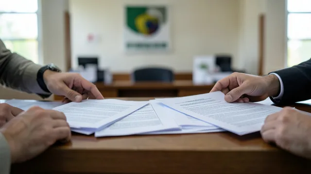 Imagem gerada por IA: Documentos são apresentados em um balcão de um tribunal eleitoral.