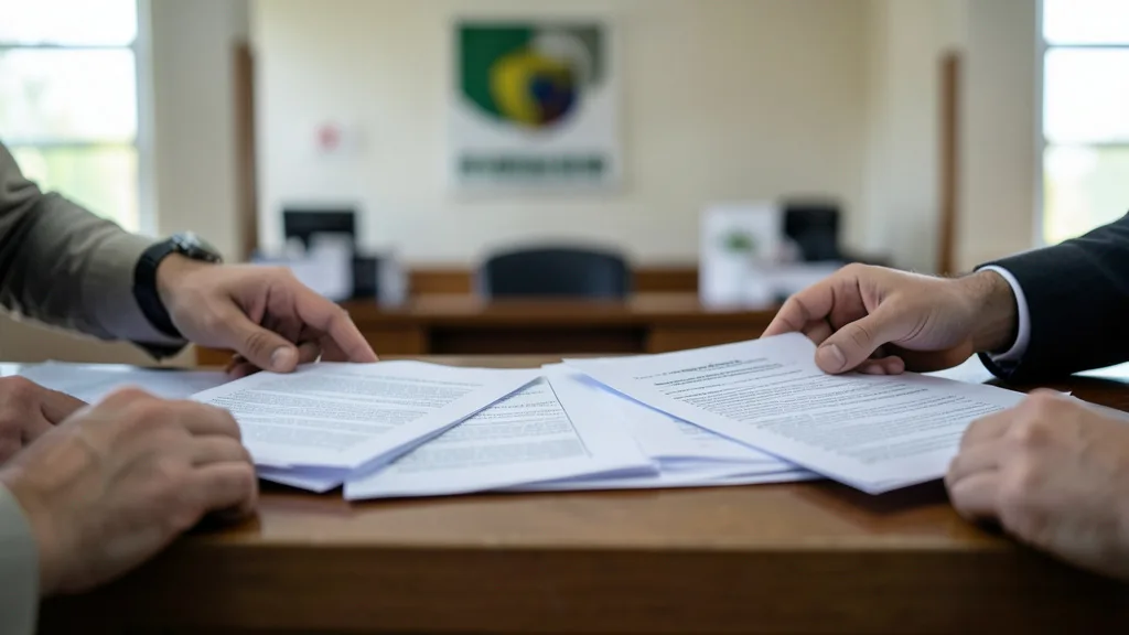 Imagem gerada por IA: Documentos são apresentados em um balcão de um tribunal eleitoral.