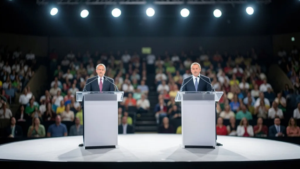 Imagem gerada por IA: Palco de debate eleitoral com dois púlpitos vazios sob luzes de estúdio.