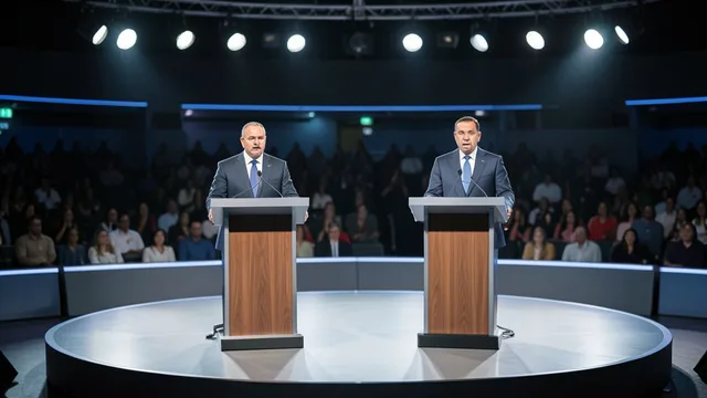 Imagem gerada por IA: Palco de debate presidencial em estúdio, com dois púlpitos e um deles vazio.