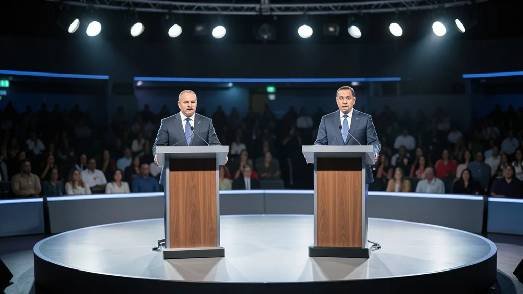 Imagem gerada por IA: Palco de debate presidencial em estúdio, com dois púlpitos e um deles vazio.