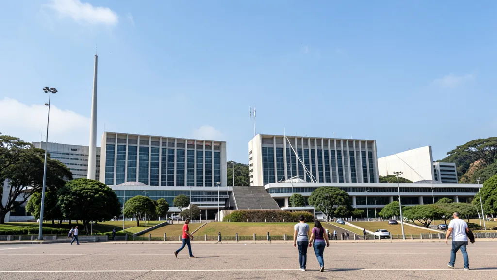 Imagem gerada por IA: Edifícios dos ministérios na Esplanada, em Brasília, com o Congresso Nacional ao fundo.