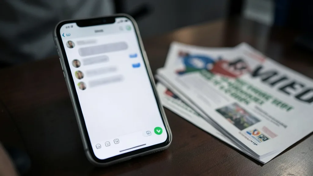Imagem gerada por IA: Celular com uma interface genérica de canal de mensagens ao lado de materiais de campanha política.