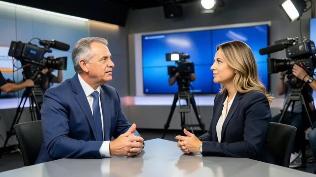 Imagem gerada por IA: Lula conversa com uma jornalista em um estúdio de televisão durante uma entrevista ao vivo.