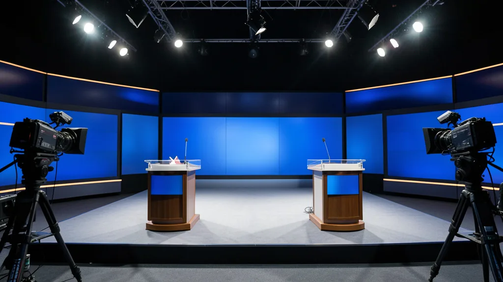 Imagem gerada por IA: Estúdio de televisão preparado para um debate, com dois púlpitos e câmeras de transmissão.