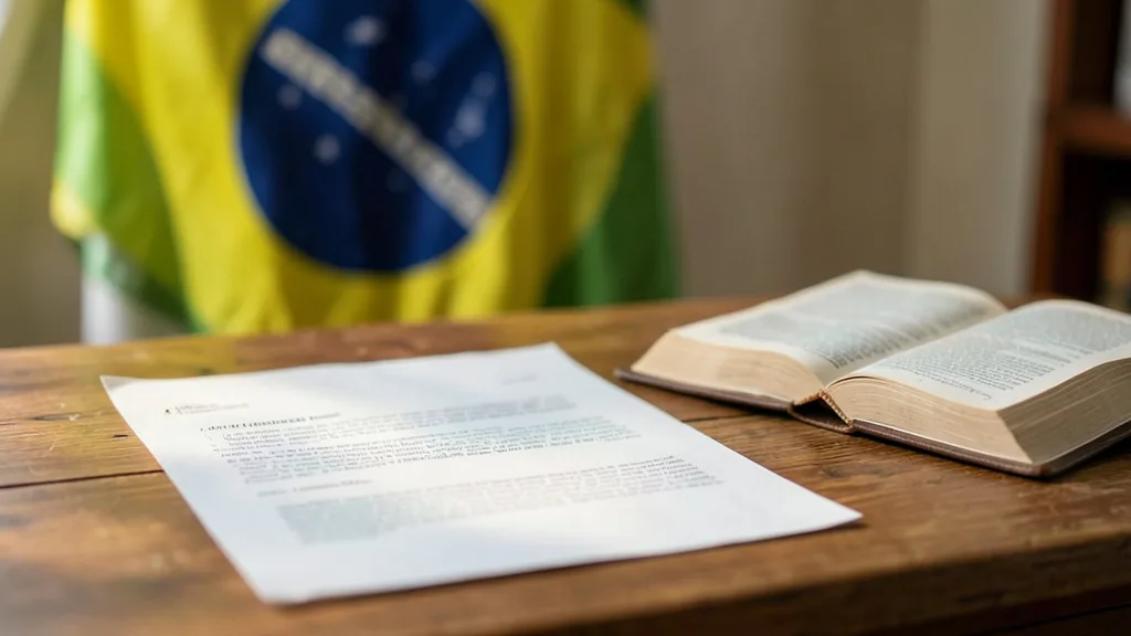 Imagem gerada por IA: Carta sobre uma mesa ao lado de uma Bíblia, com uma bandeira brasileira desfocada ao fundo.