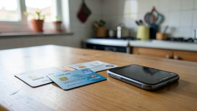 Cartões de crédito sem identificação sobre uma mesa de cozinha ao lado de um celular.
