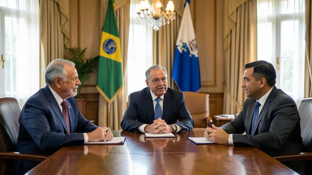 Imagem gerada por IA: Lula conversa com Hugo Motta e Davi Alcolumbre em uma sala de reunião.