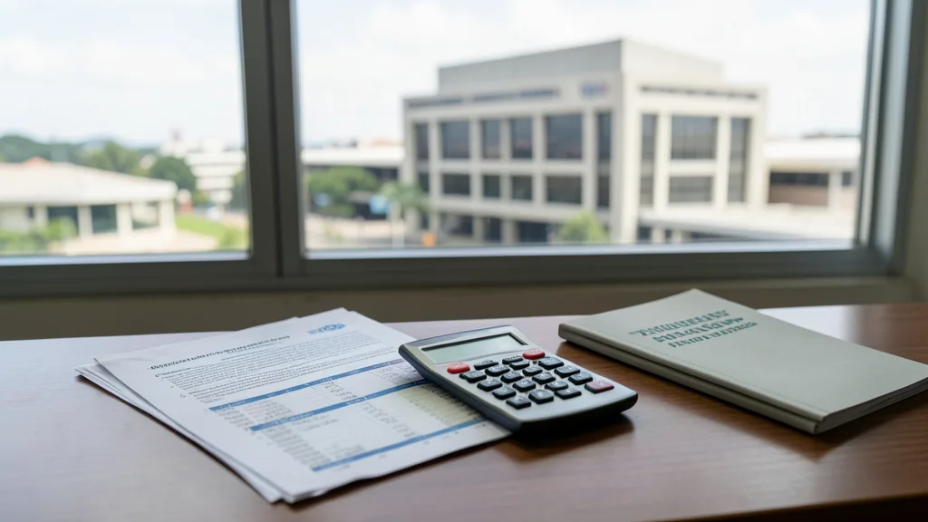 Imagem gerada por IA: Documentos orçamentários e uma calculadora sobre uma mesa, com o Congresso Nacional ao fundo.