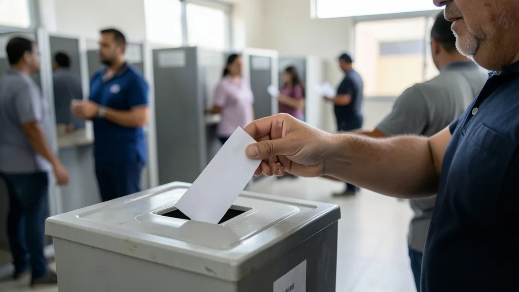 Imagem gerada por IA: Eleitor deposita uma cédula sem marcas em uma urna, em local de votação.