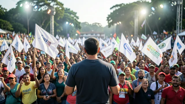 Multidão acompanha comício de campanha em um espaço aberto no Brasil.