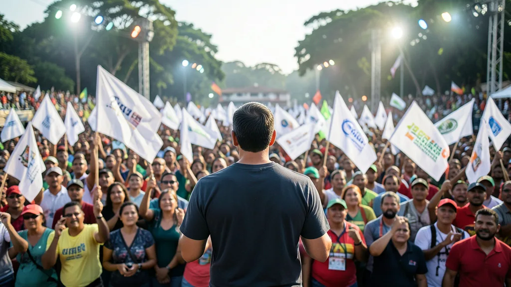 Multidão acompanha comício de campanha em um espaço aberto no Brasil.
