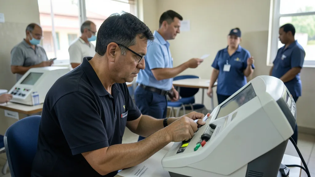 Imagem gerada por IA: Eleitor vota em urna eletrônica em uma seção eleitoral brasileira.