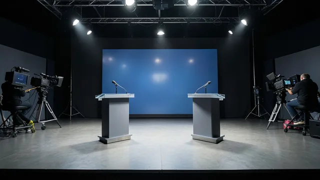 Imagem gerada por IA: Palco de debate presidencial em estúdio de televisão, com dois púlpitos diante das câmeras.