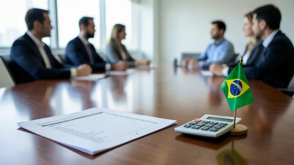 Imagem gerada por IA: Documentos sem texto legível e uma bandeira do Brasil sobre a mesa de uma reunião econômica.