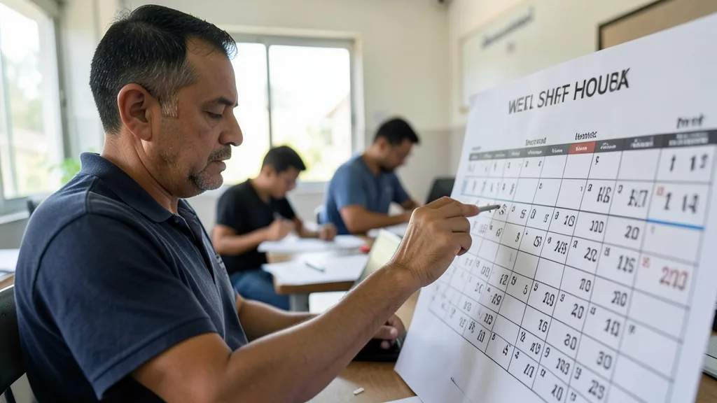 Imagem gerada por IA: Trabalhador observa uma escala de turnos no ambiente de trabalho.